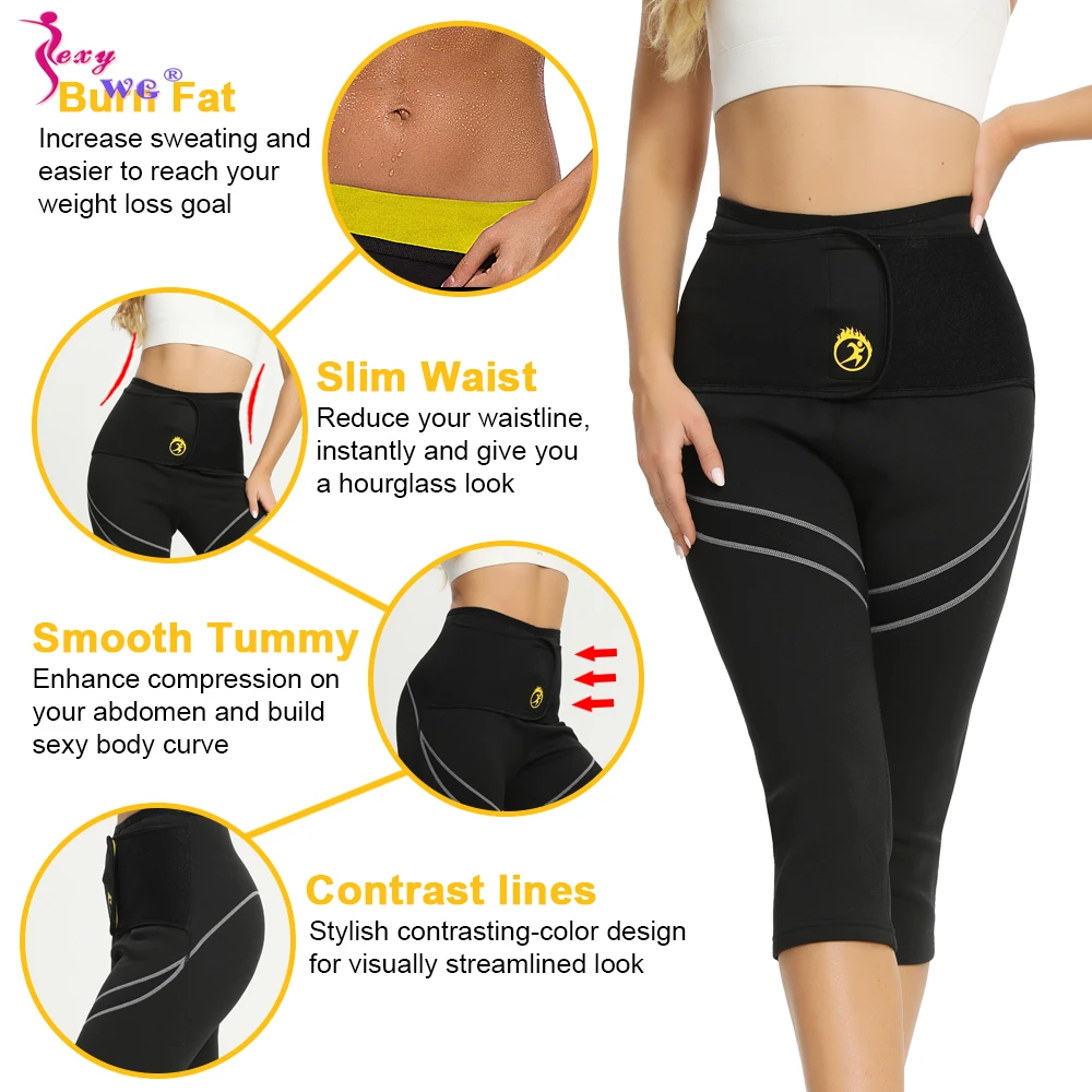 SEXYWG Women Sauna Pants Mid Waist Tummy Control Slimming Capris Sweat Leggings Weight Loss Trousers Workout Running Compression