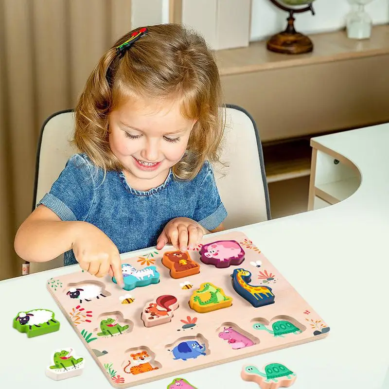 ปริศนารูปร่างไม้การขนส่งสัตว์ผลไม้สีและรูปร่าง Sorter Peg ปริศนา Montessori Shape Sorter ของเล่นไม้รูปร่าง