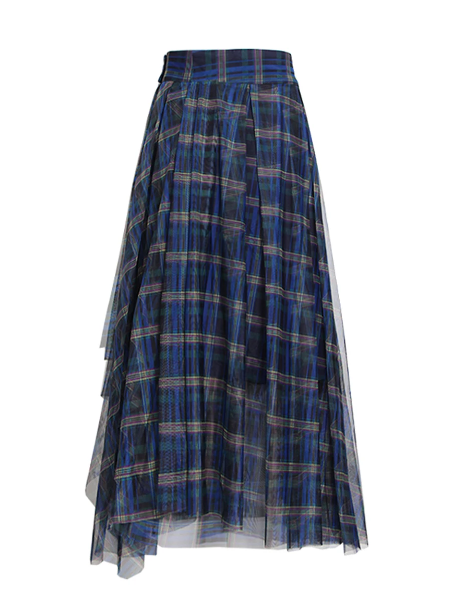 TWOTWINSTYLE Moda Blu Plaid Gonne irregolari per le donne Vita alta Patchwork Bottone Elegante Maglia Gonna lunga Abbigliamento femminile