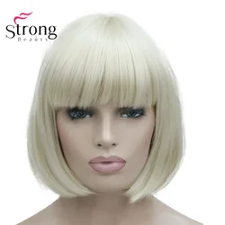 Strongbeautyショートストレートブロンドボブ、スイープフリンジ完全合成ウィッグ