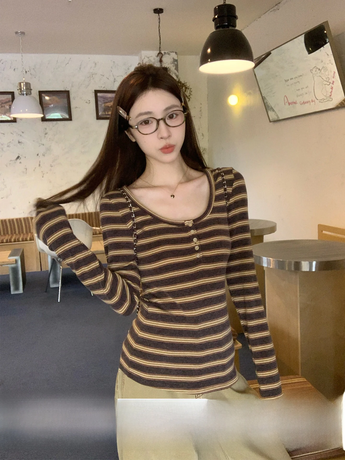 

Женская приталенная футболка Morning Bloom с длинным рукавом в корейском стиле, в полоску, базовая, осенне-зимняя, модная, мягкая, удобная