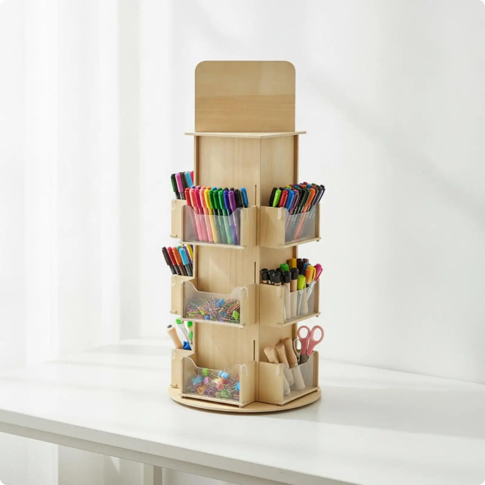 Three-Tier Rotating Display Rack with Acrylic Panels Tiered Freestanding Rotating Display Rack Wood Finish for Craft Markets,