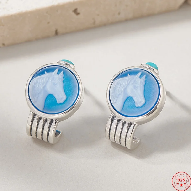 S925 Sterling Silver Charms Studs Earrings for Women New Fashion Blue Agate Little White Horse Ear Studs Jewelry Free Shipping