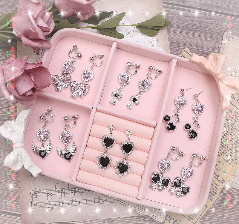 Y2K Subculture Earrings Sweet-Cool Heart Cherry Wing Cross Bow Design Ear Studs or Clips Gothic Kawaii Jewelry for Women