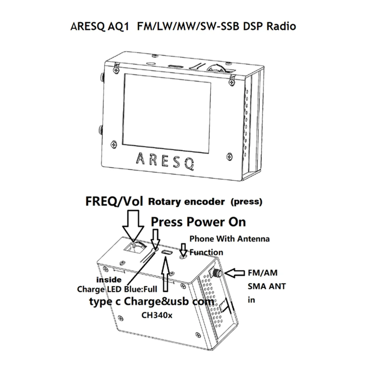 # 361Y ARESQ AQ1 Mini Rádio Full Band Receptor de Rádio All Band FM LW MW SW-SSB Si4732 Chip Tela de Toque de 2,8 Polegadas (Preto)