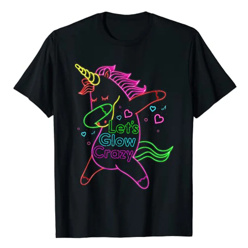 Neon Unicorn Let's Glow Crazy Retro 80s Group Party Squad T-Shirt Gifts Graphic Tee Tops Cute Y2k Aesthetic Clothes Basic Outfit