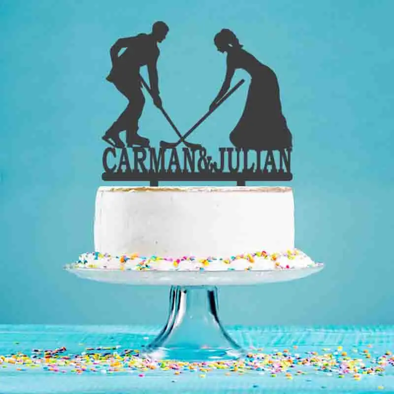 Custom Couple Name Bride and Groom Playing Ice Hockey Silhouette For Ice Hockey Player Wedding Party Cake Decoration Topper