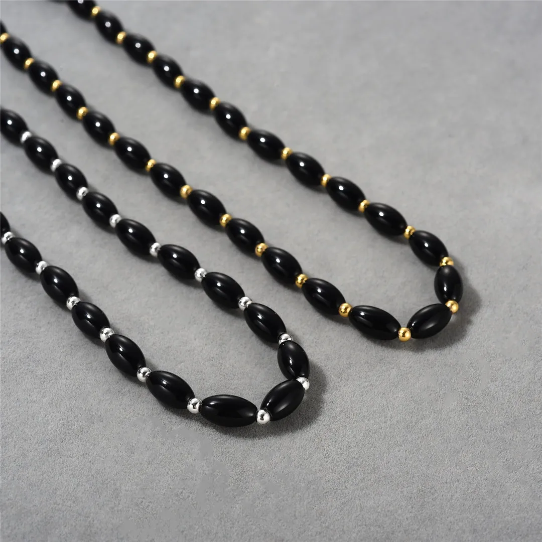 

1pc Freeshipping Fashion Trendy Black Agate Oval Beads Choker Necklace Natural Stone Gold Round Beaded String Handmade Jewelry