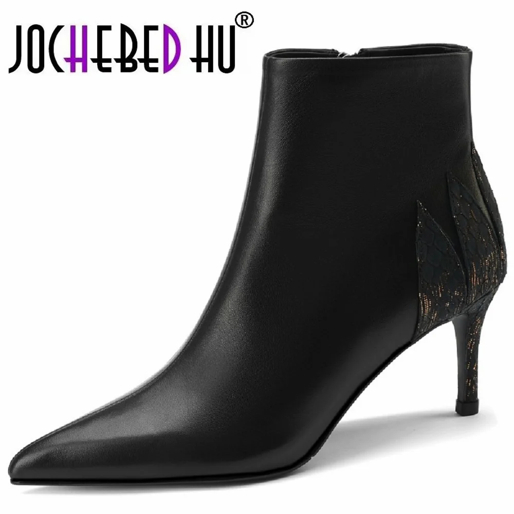 

【JOCHEBED HU】new Women ankle boots natural leather cowhide/kid suede+snake skin full leather modern boots side zip short boots