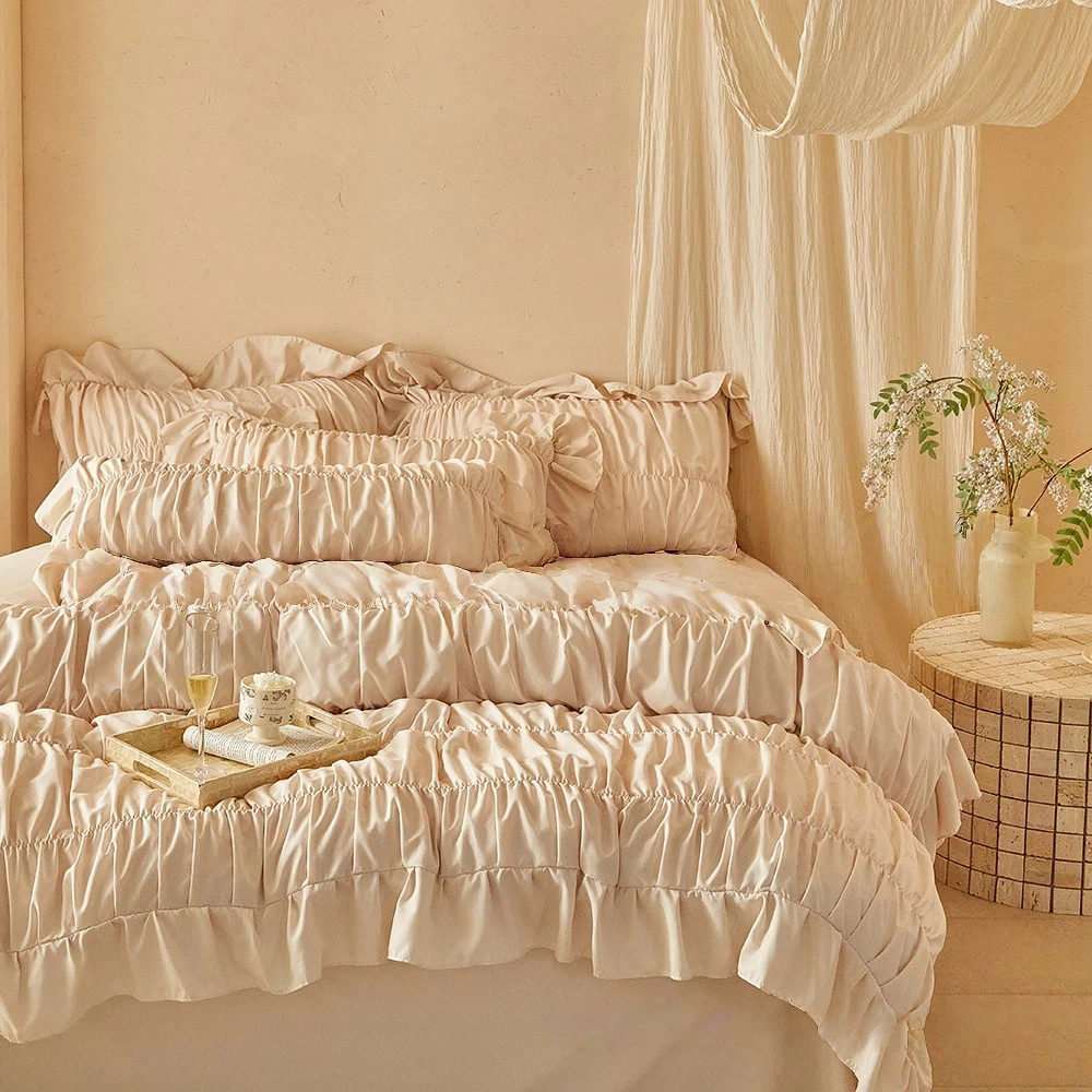 Boho Lace Ruffle Edge Duvet Cover Queen King Bedding Set Soft 2/3 Pcs Chic Comforter Cover for Girl Women Wrinkle Quilt Cover