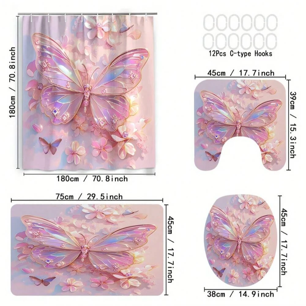 4Piece Butterfly Print Bathroom Set Includes Shower Curtain, Toilet Seat Cover, U-Shaped Mat, Bath Mat For Bathroom Accessories