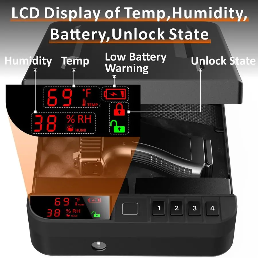 Gun Pistol Safe with LCD Display of Temp,Humidity,Biometric Fingerprint,Keypad Lock,Key,Biometric Handgun Safe for Travel Home C