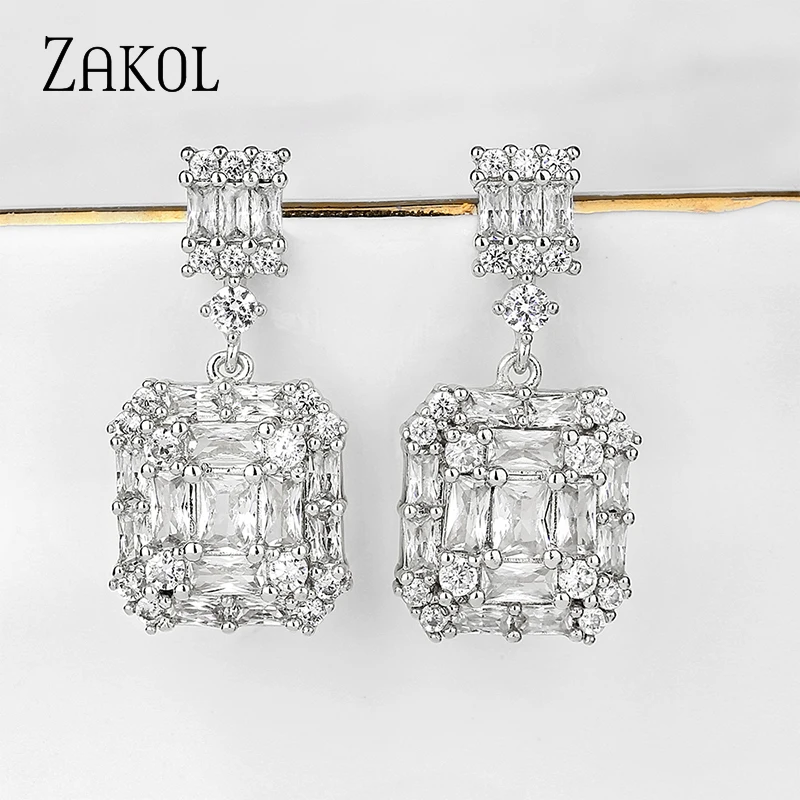 ZAKOL Luxurious Shiny Geometric Square Cubic Zirconia Drop Earrings for Women Bridal Jewelry Christmas Birthday Gifts EP2843