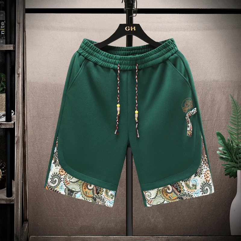 Men's Patchwork Boho Shorts with Beaded Drawstring - Elastic Waist & Ethnic Side Panels for Festival & Vacation