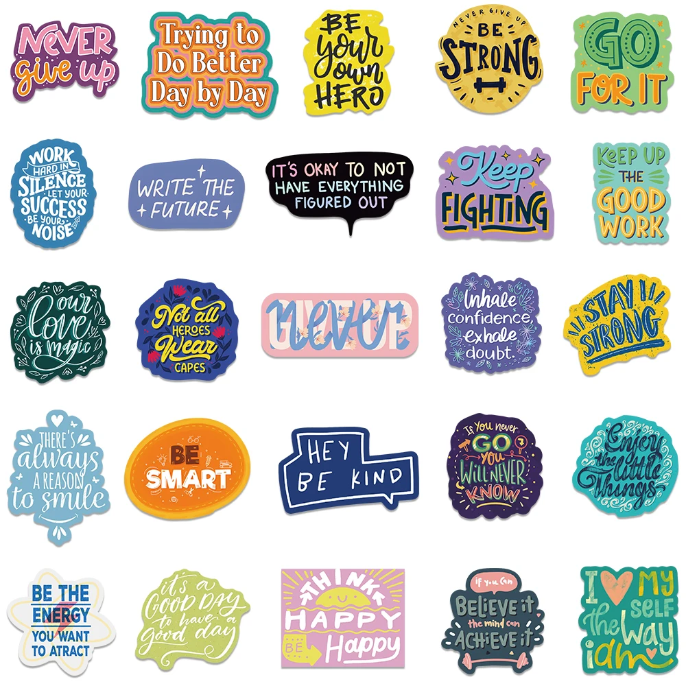 50Pcs/pack Inspirational Text Positive Stickers DIY Diary Phone Laptop Luggage Skateboard Graffiti Decals Fun for Kid Toys Gift