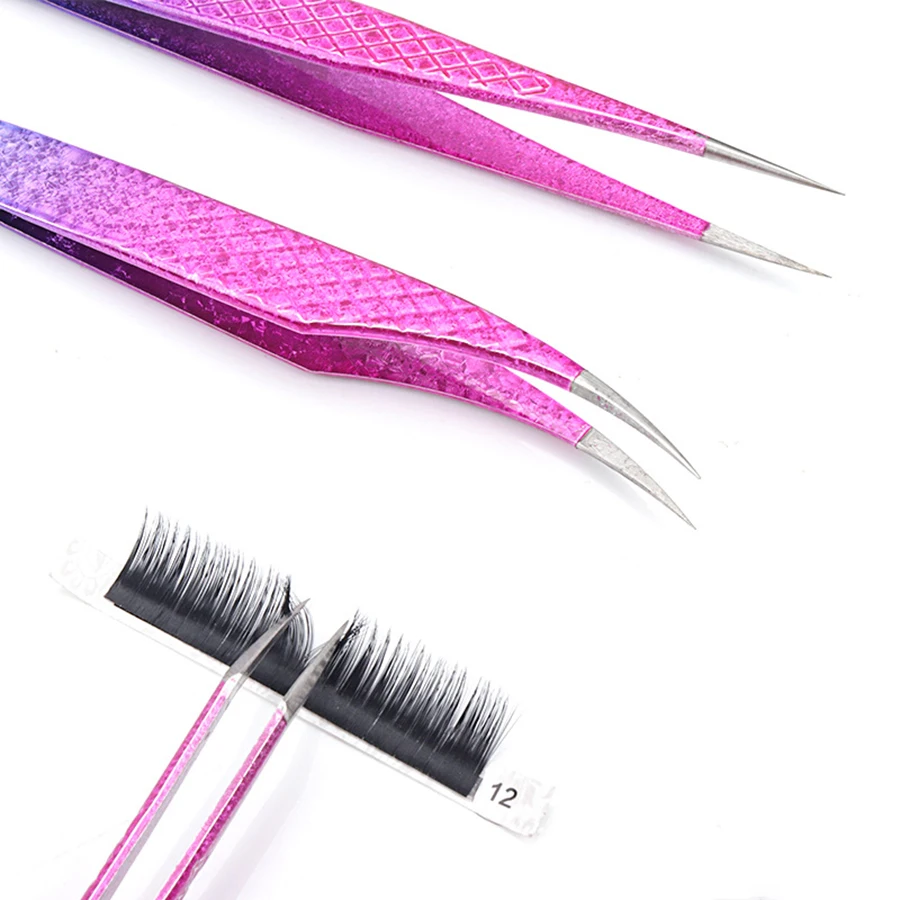 Pince à épiler dégradée rouge et bleue pour greffage de cils, en acier inoxydable de haute précision, 1 pièce