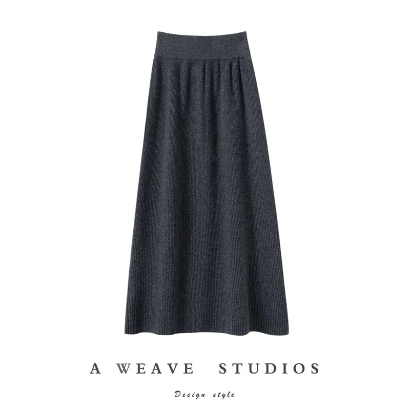 Autumn Winter Women 100% Premium Cashmere Vertical Ribbed Solid Midi Knit Skirt Lightweight Comfortable Simple Mature Long Skirt