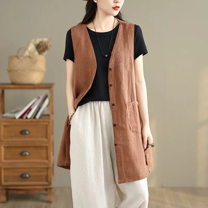 Middle-Aged  Women's Clothing Large-Size Mother Clothing Fashion Grandma Vest Top Summer New Cotton And Linen Vest Medium Long