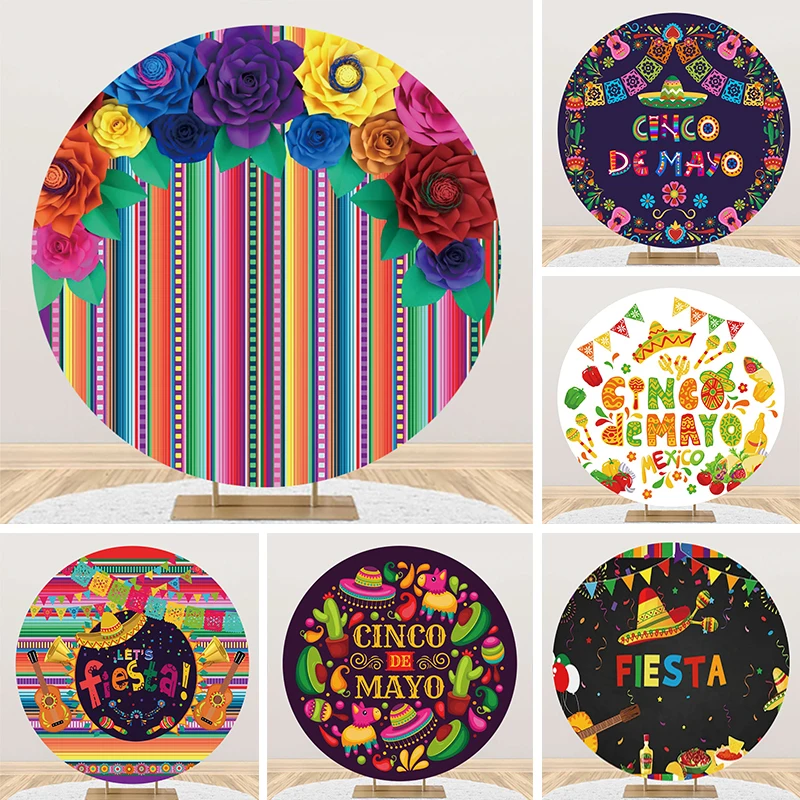 Mexican Birthday Round Backdrop Cover Fiesta Theme Party Decor Mexico Cinco De Mayo Circle Elastic Photo Background Supplies