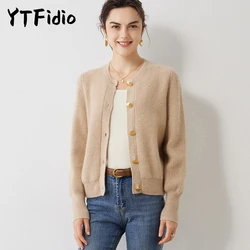 YTFidio 100% Cashmere Women Five Button O-neck Cardigan Causal Coats Solid Warm Knitwear Tops Sweater 29