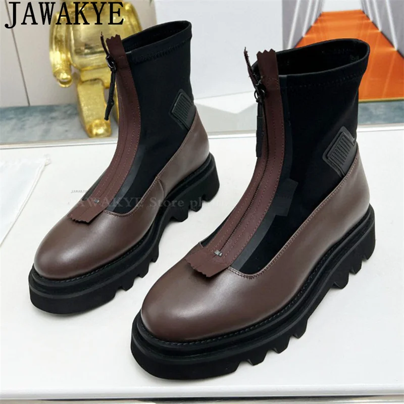 Front Zipper Design Round Toe Thick Bottom Punk Boots Women Real Leather Platform Ankle Boots Winter Fashion Motorcycle Boots