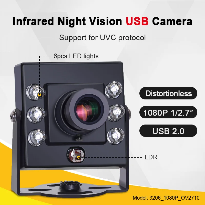 3206 1080P OV2710 16mm 20degrees IR850 Distortionless Full HD UVC CMOS 30fps Infrared USB Industrial Camera for Face Recognition