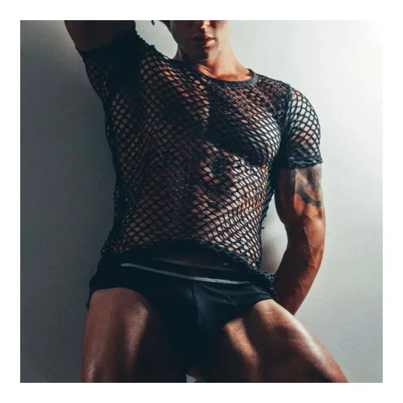 Sexy Fishnet Transparent Men's T-shirt Muscular Men Tight See-through T-shirt Top Summer Beach Men's Wear Crew Neck Pullover Top