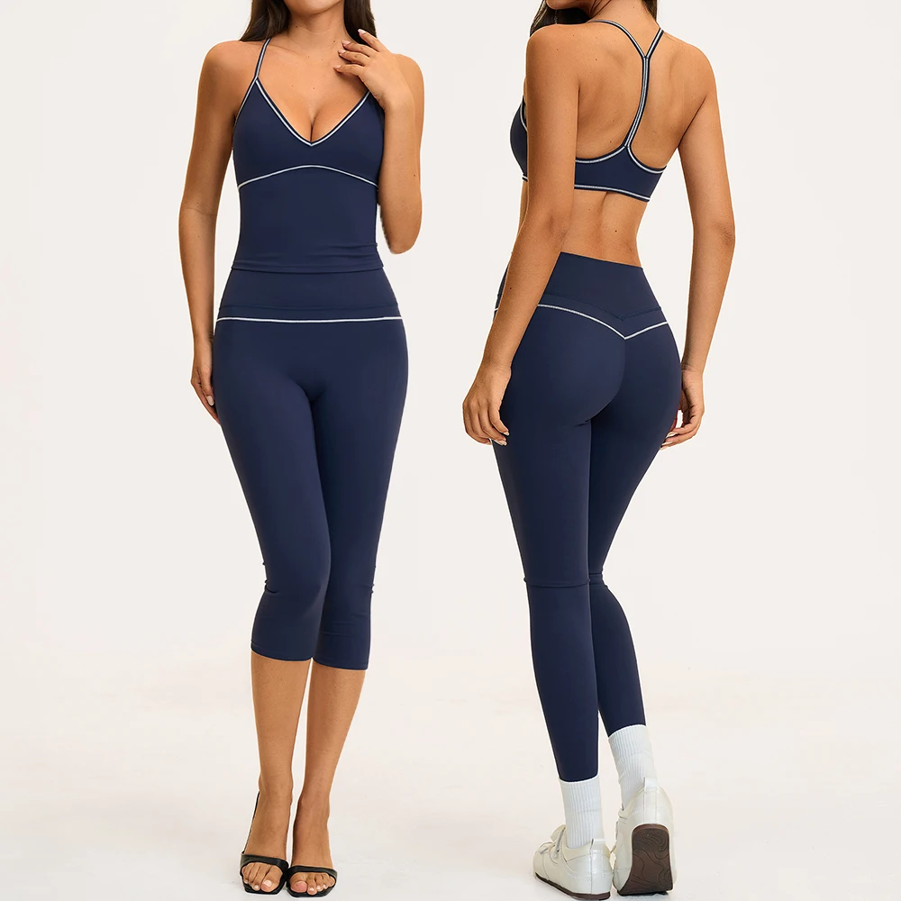 2PCS Yoga Set Women's Color Contrast Fitness Suits Sports Capri Shorts Workout Crop Top Outfits Female Yoga Clothes Sportswear