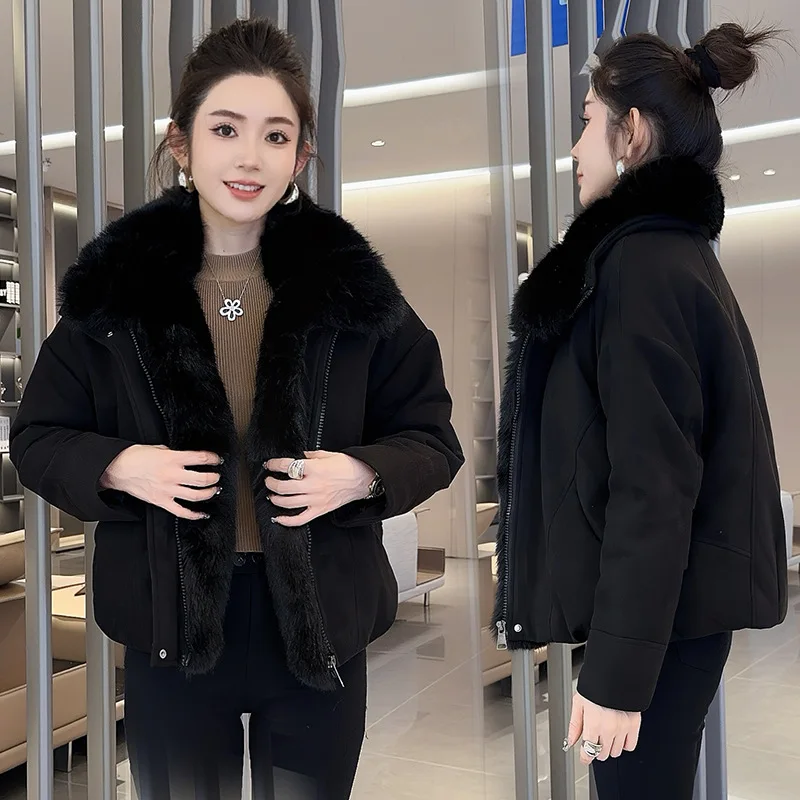 Winter Women Parkas Short Deerskin Fleece Jacket Coat Removable Large Fur Collar Warm Cotton Padded Jacket Female Outerwear
