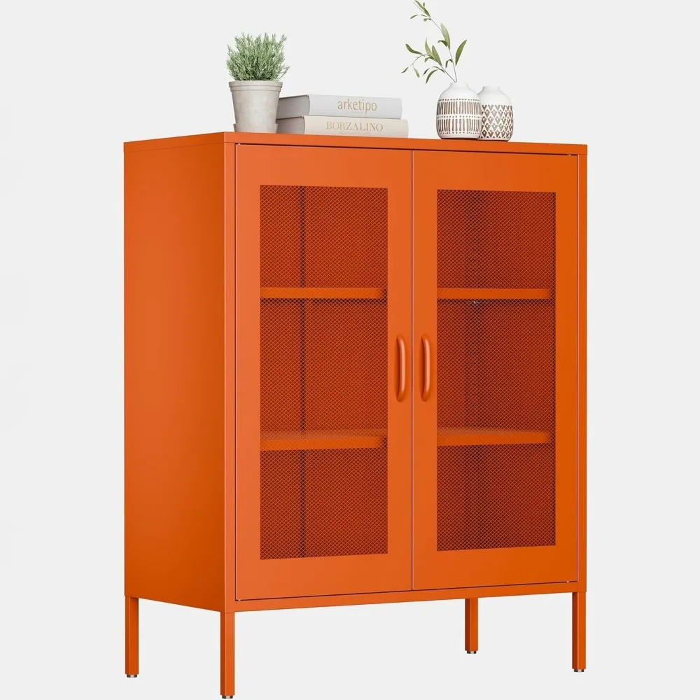 

Bathroom Floor Storage Cabinet,40H Metal Locker, Small Orange Cabinets With 2 Adjustable Shelves & 4 Doors,Freestanding Sideboar