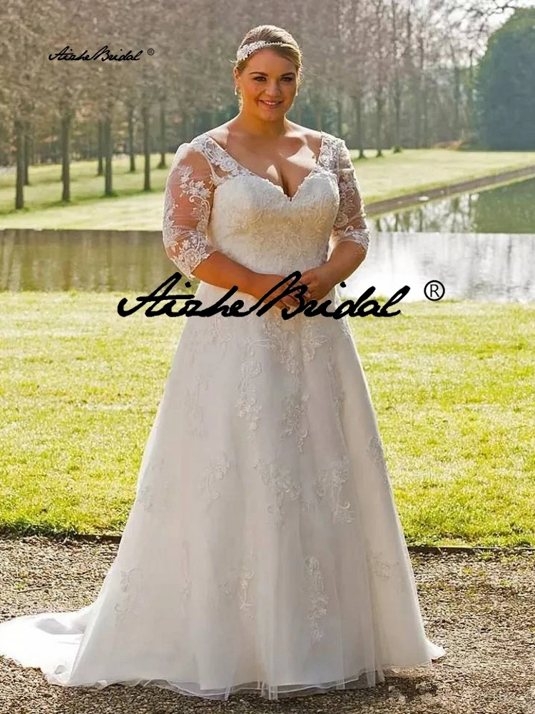Vestido de novia de media manga de talla grande para mujer, cuello en V, encaje, línea A, vestidos de novia con apliques, bata De boda