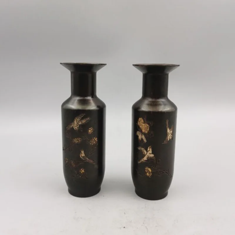 -style copper magpie perching on a plum blossom small vase pair, home decor ornaments, antique copperware collectible vas