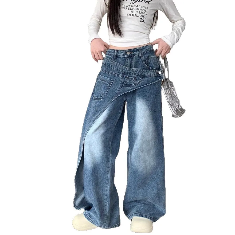 

Джинсовые широкие брюки, женские джинсы, брюки длиной до пола, асимметричные карманы с высокой талией, потертые потертые джинсы, уличная одежда 2025