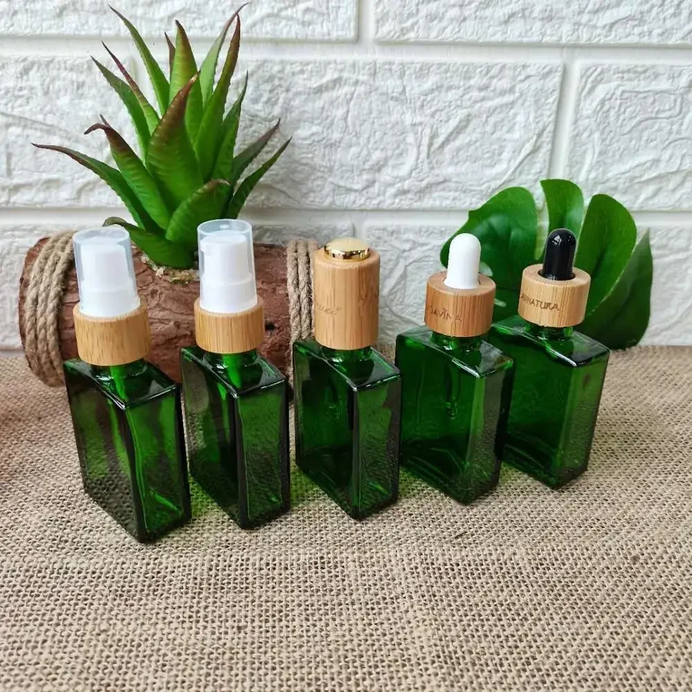 

Wholesale Green Blue Amber Rectangular Square Glass Dropper Bottles For Liquid With Container Bottle Packaging Bamboo WoodLidCap