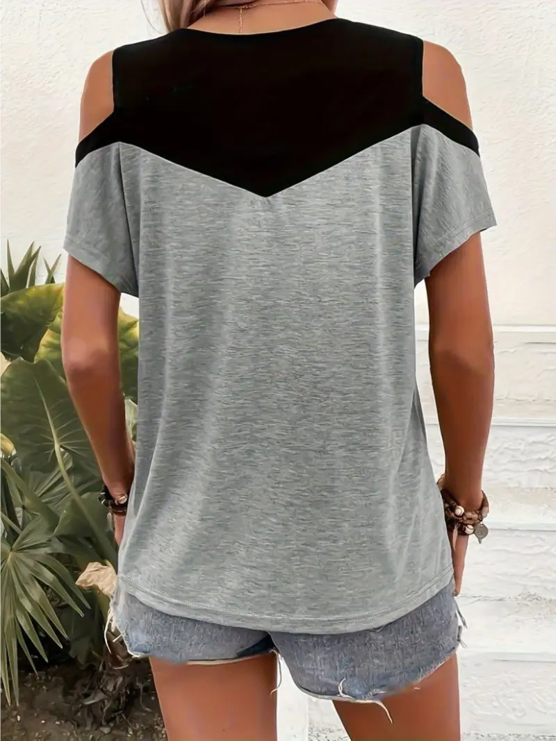 Women's Round Neck Patchwork Off-Shoulder Short Sleeve T-Shirt Loose Comfortable Casual Versatile Summer Top