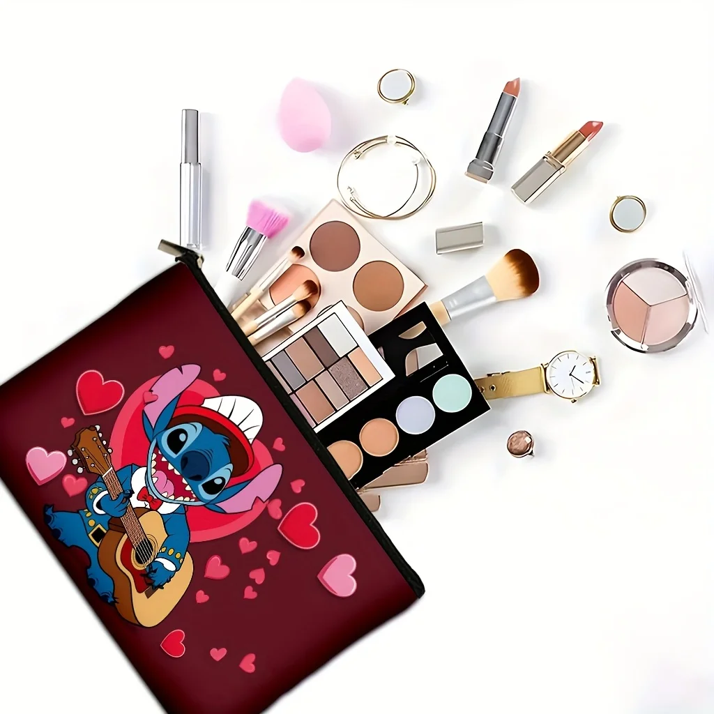 디즈니 스티치 기타 연주 메이크업 가방 - 생동감 넘치는 빨간색과 분홍색 하트 디자인 - 여성용 귀엽고 다용도 지퍼 파우치, 보석 보관 가방, 완벽한 여행용 지퍼 파우치
