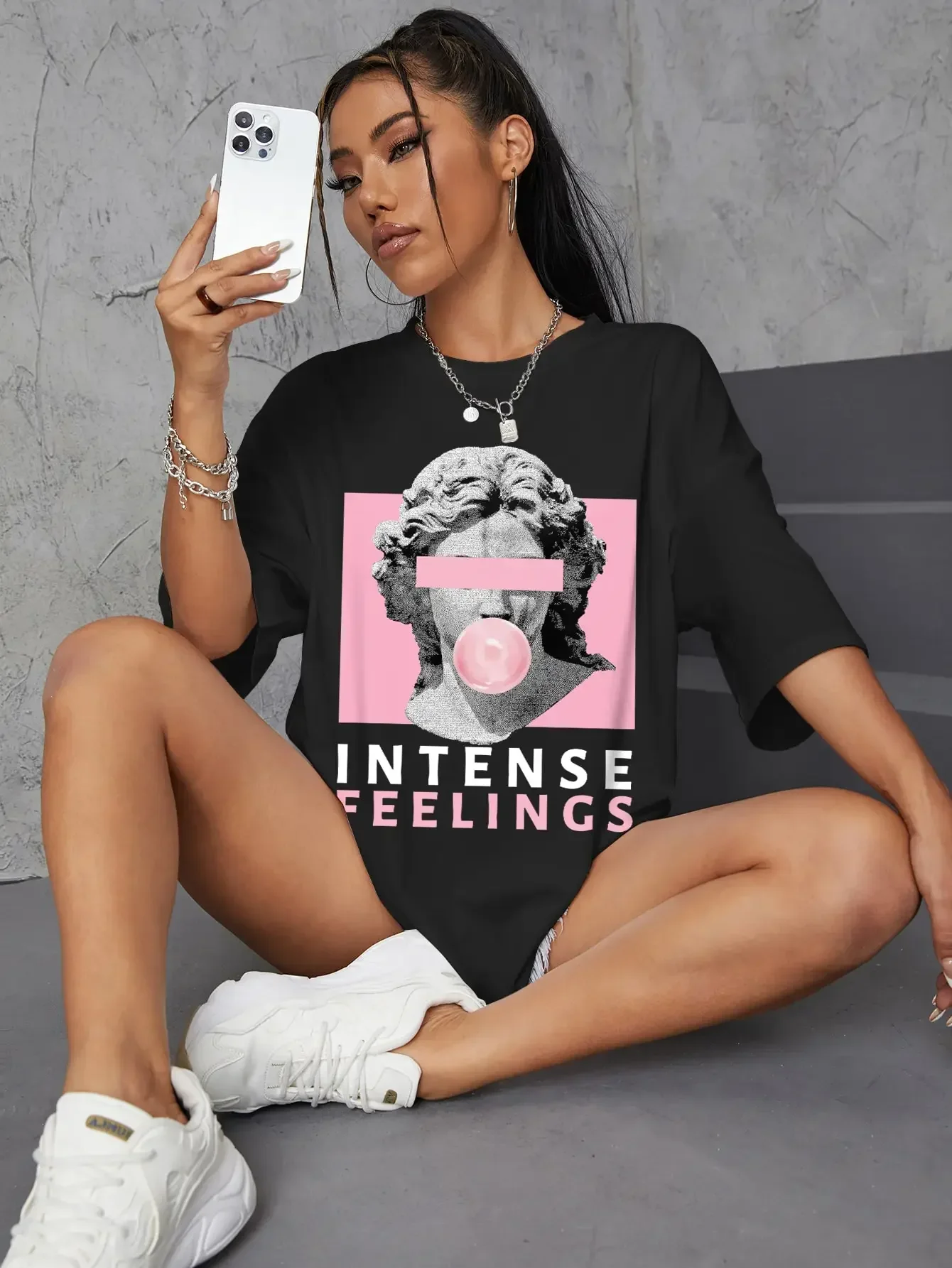 INTENSE FEELINGS Street Hip Hop Female T-Shirts Loose Oversize Short Sleeve Soft Soft Tops Summer Breathable Tee Clothing