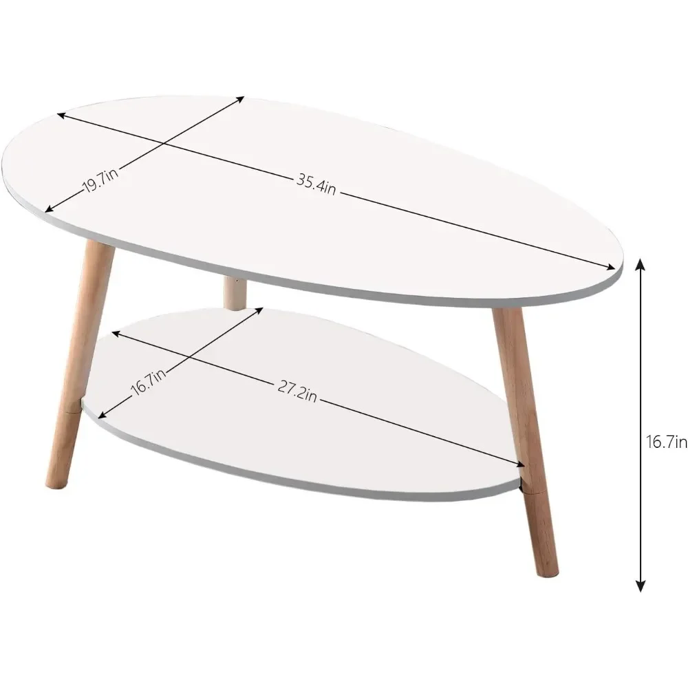 Coffee Table-Oval Wood Table with Open Shelving for Storage and Display 2 Tier Sofa Table, Small Modern Furniture