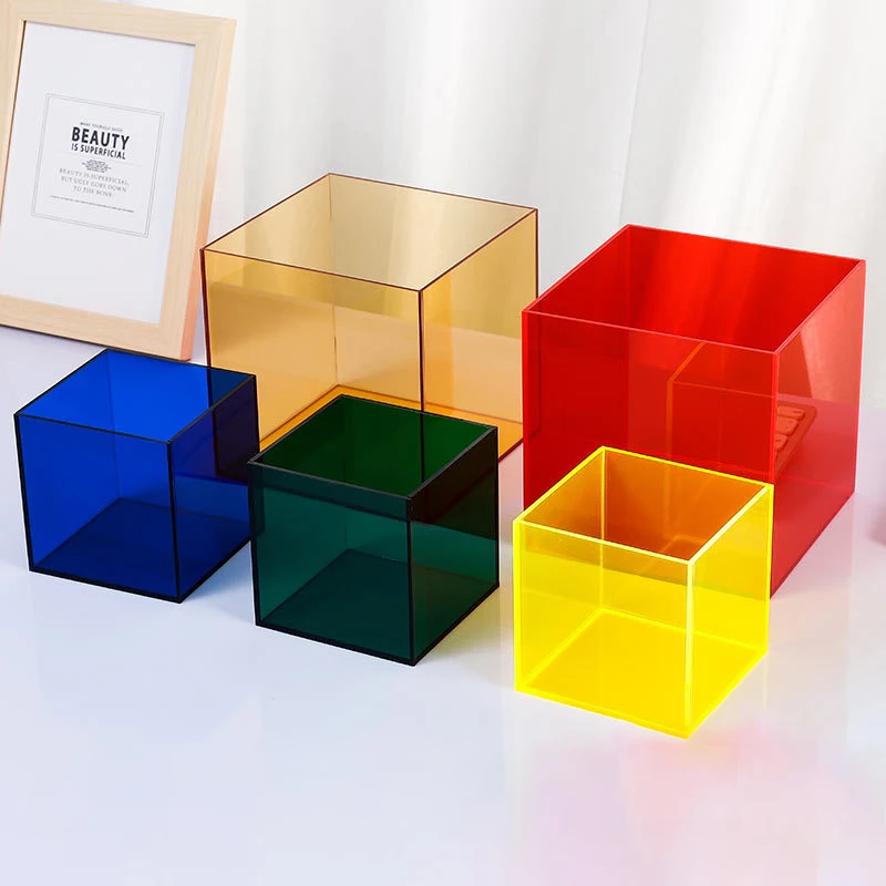 

Color Acrylic Cube Display Stand Square Storage Box Tray Retail Shop Holder Pen Cosmetics Finishing Box Miscellaneous Organizer