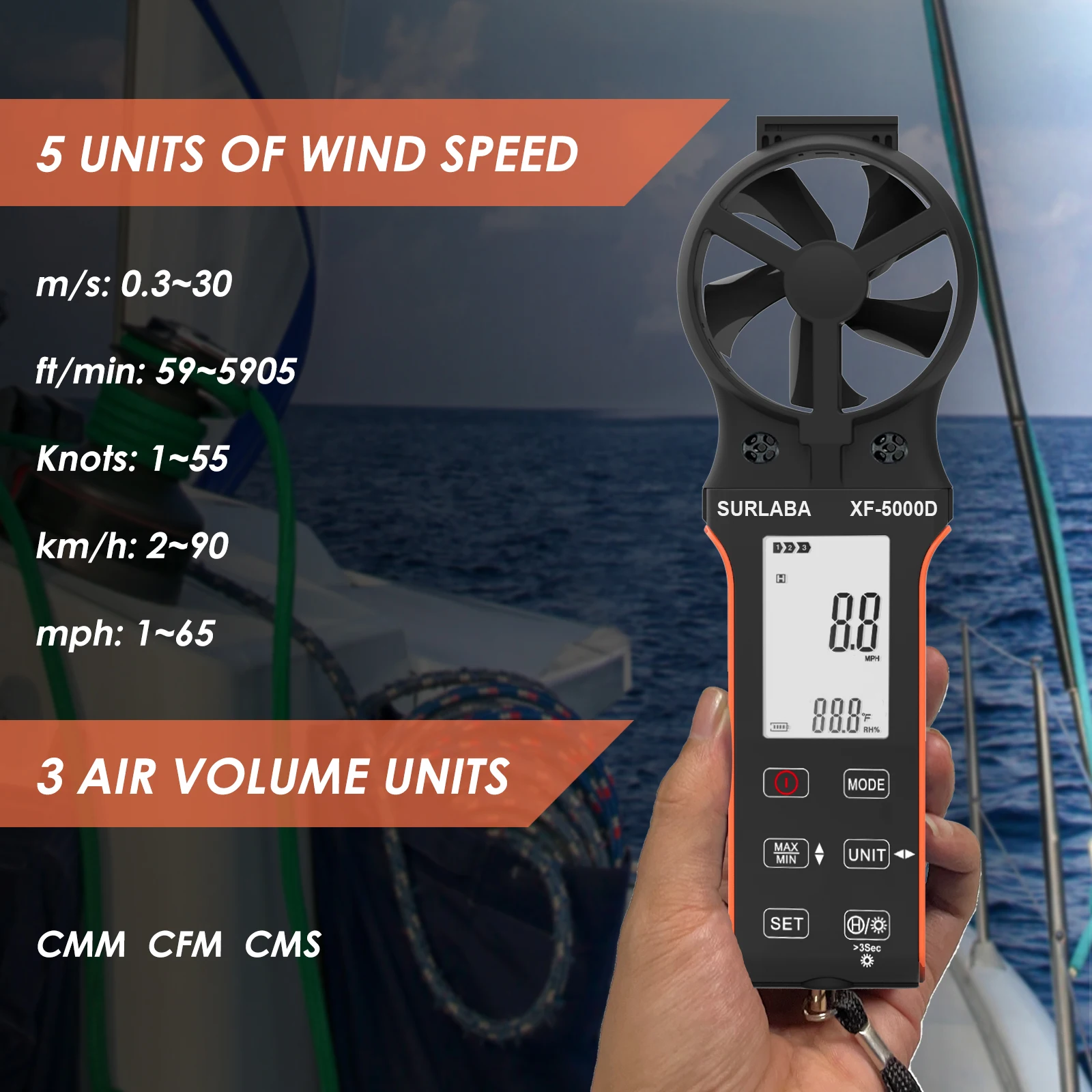 

XF-5000D Digital Anemometer Wind Speed Meter 0.3-40m/s 5 Units Air Volume Temp Backlight Rechargeable