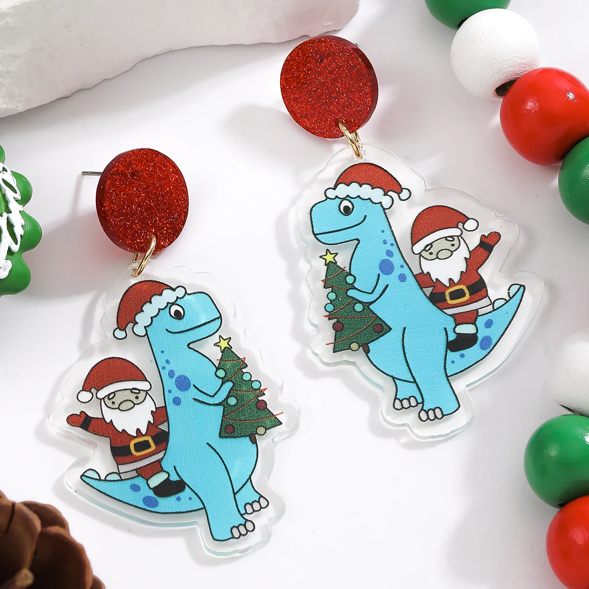 Christmas Lovely Designed Acrylic Dinosaur Santa Claus Christmas Tree Dangle Earrings Women Girl Holiday Decoration Party Gifts