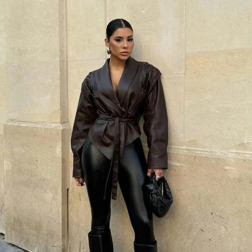 معطف سترة نسائي ربيعي من Oligai مصنوع من الجلد الصناعي لعام 2025، بلوزة رائعة من البولي يوريثان لشارع العليا