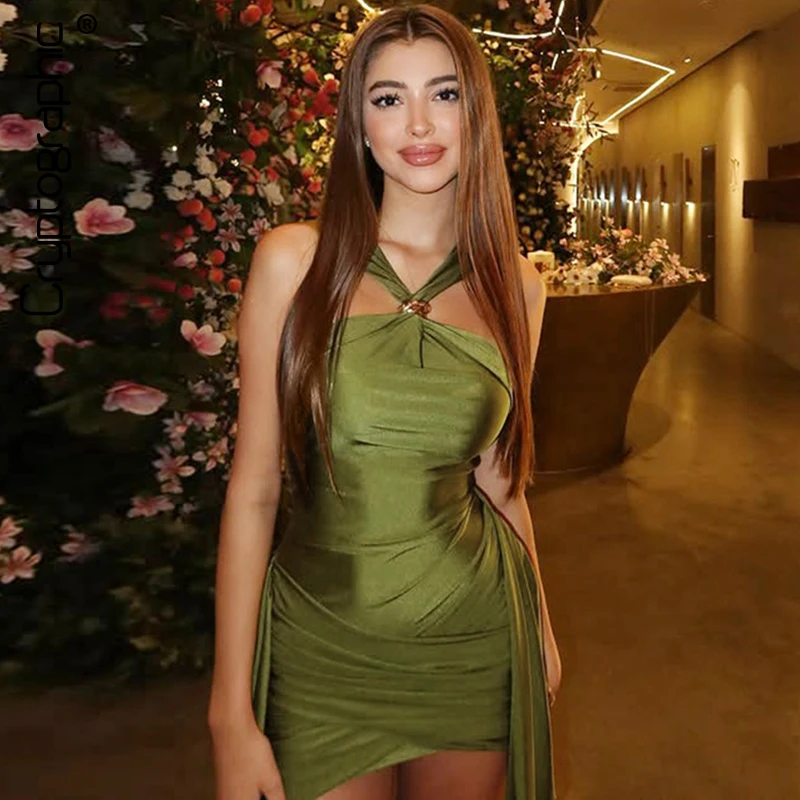 

Cryptographic Fashion Halter Sleeveless Sexy Bodycon Dress for Women Party Club Outfits Embellished Slinky Mini Dresses Coquette