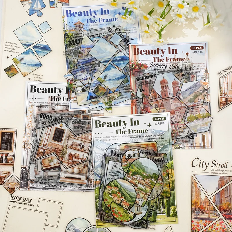 15 pcs Aesthetic Oversize Unique Frame Collage Stickers, Various Hollow Border Patterns for Scrapbook Layout