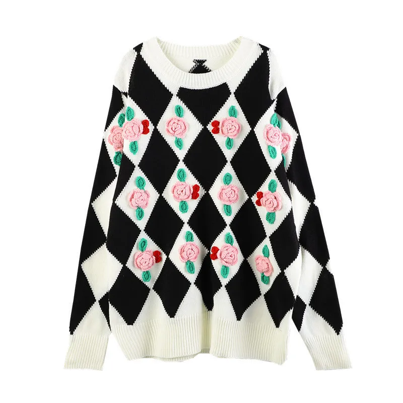 

Bla White Retro Diamond id Hook Flower Knitted Sweater Women's Decorative 3D Rose Decoration Warm Winter round Ne Long ...