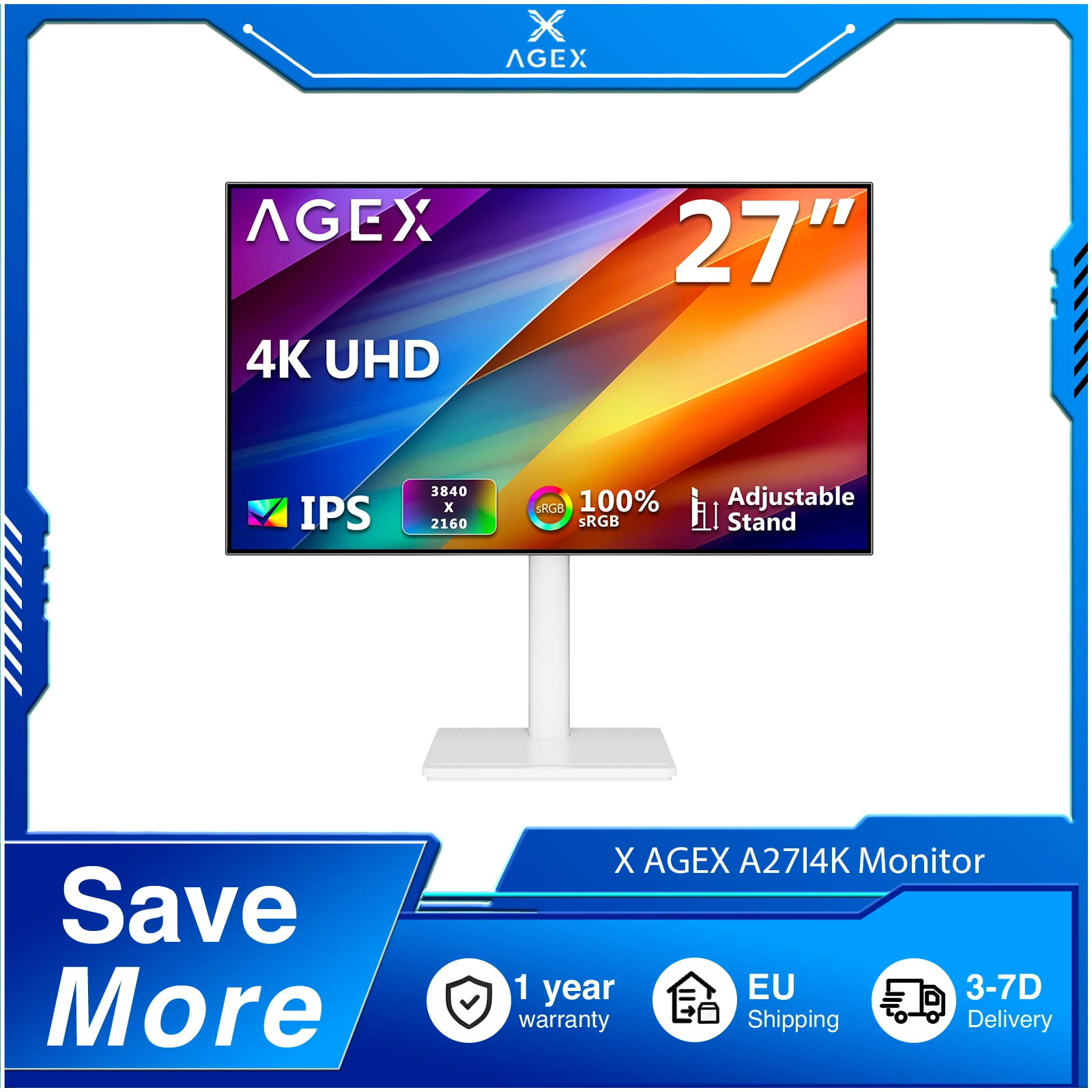 X AGEX 27-Zoll-Monitor mit ultraschlankem Rahmen – 4K (3840 x 2160) UHD, 60 Hz, 16:9 IPS-LED-Monitor, 400 cd/m² Helligkeit, FreeSync & Eye-Care, HDR10, 100 % sRGB, VESA-kompatibel, höhenverstellbar
