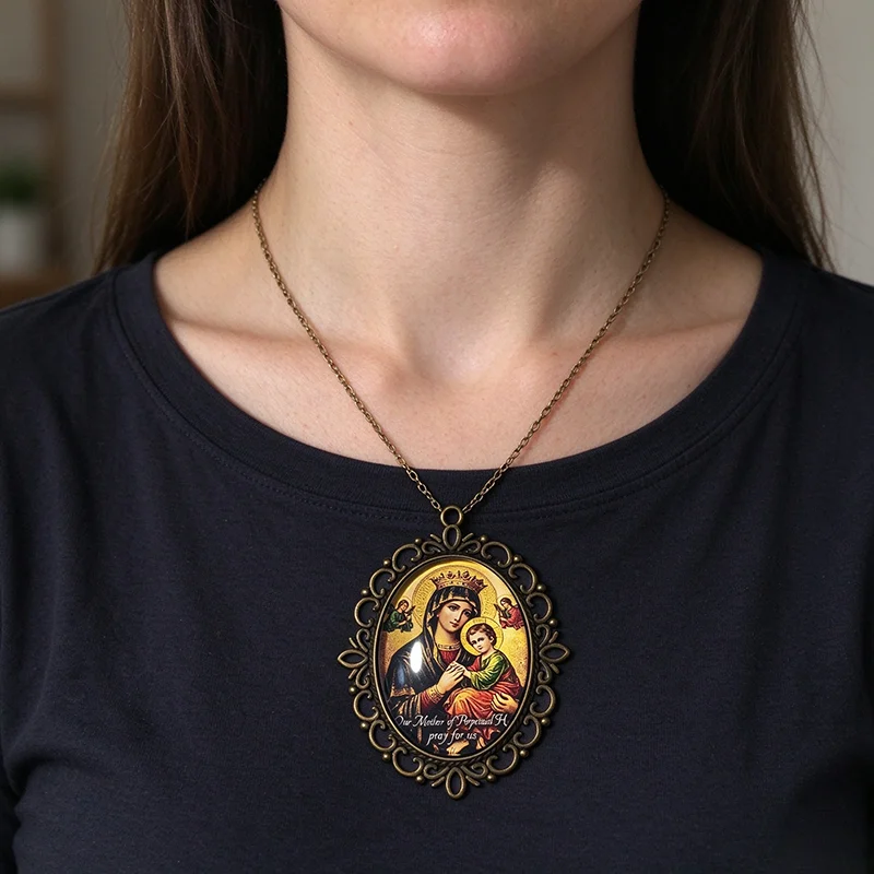 5Pcs Our Mother of Perpetual Help Pendant Vintage Bronze Frame Religious Medal Charms DIY Necklace Making Catholic Gift