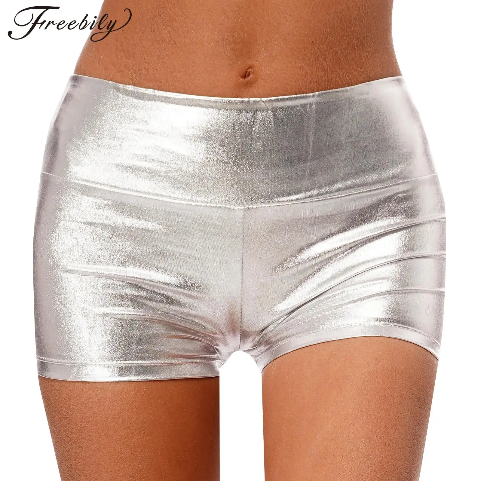 Womens Metallic Shiny Shorts High Waist Widen Waistband Bodycon Bottoms Activewear for Pole Dance Music Festival Club Carnivals