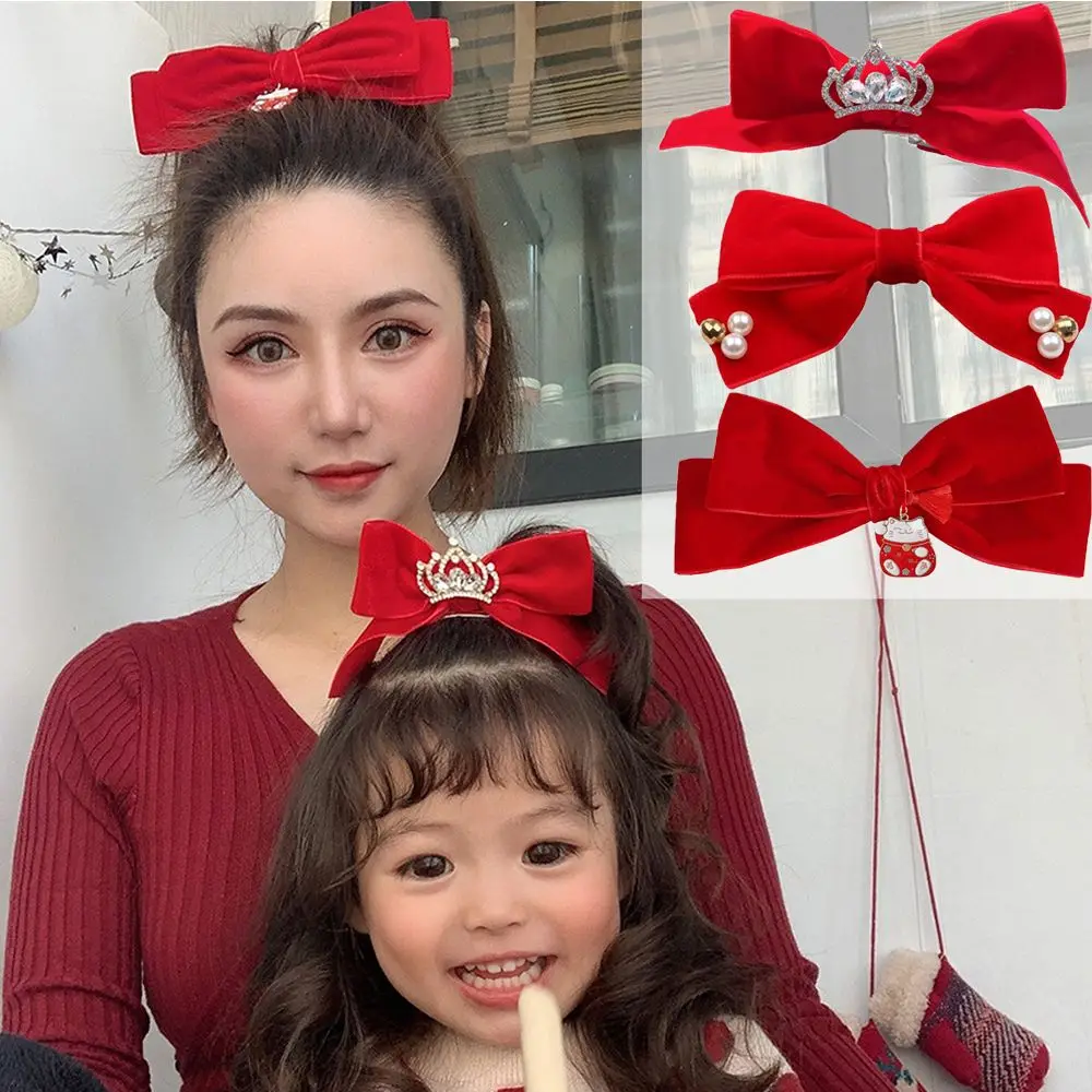 女の子のための赤いベルベットの髪留め,ヘアアクセサリー,ヘアボールの弓,新年のヘアクリップ,赤ちゃんの帽子