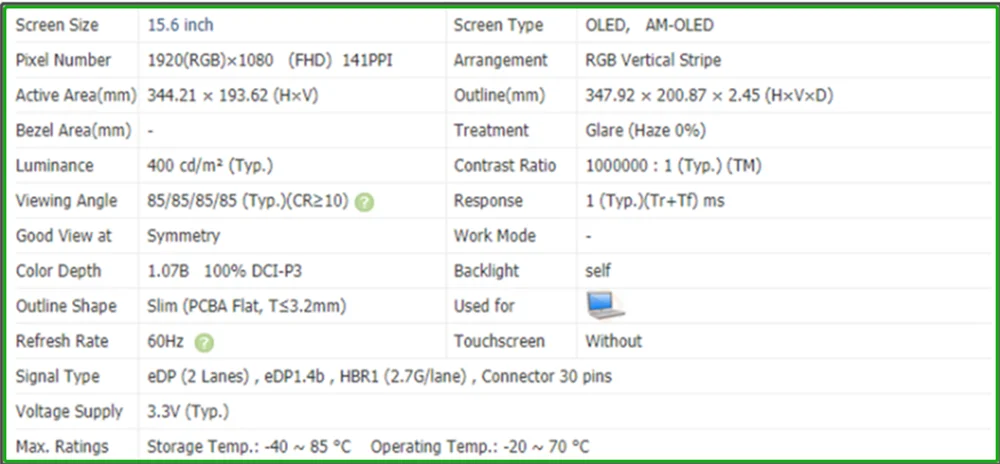 ATNA56YX03-0 SDC4161 AM-OLED 15.6 Inch OLED LCD Display IPS Panel FHD 1920x1080 EDP 30Pins Non-touch